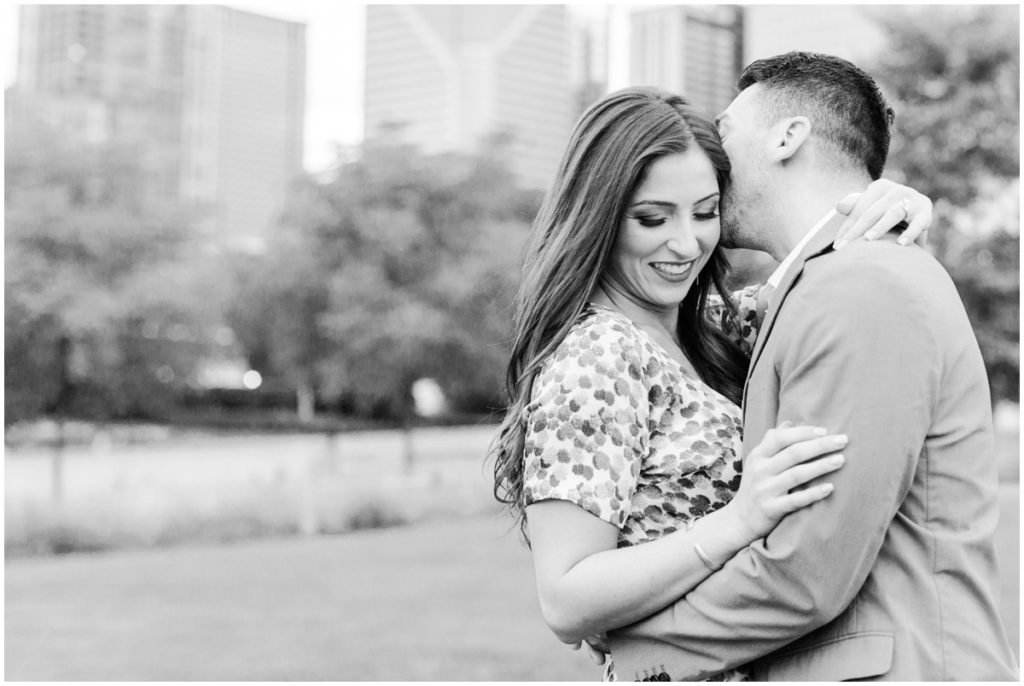 A couple posing for their Chicago engagement session