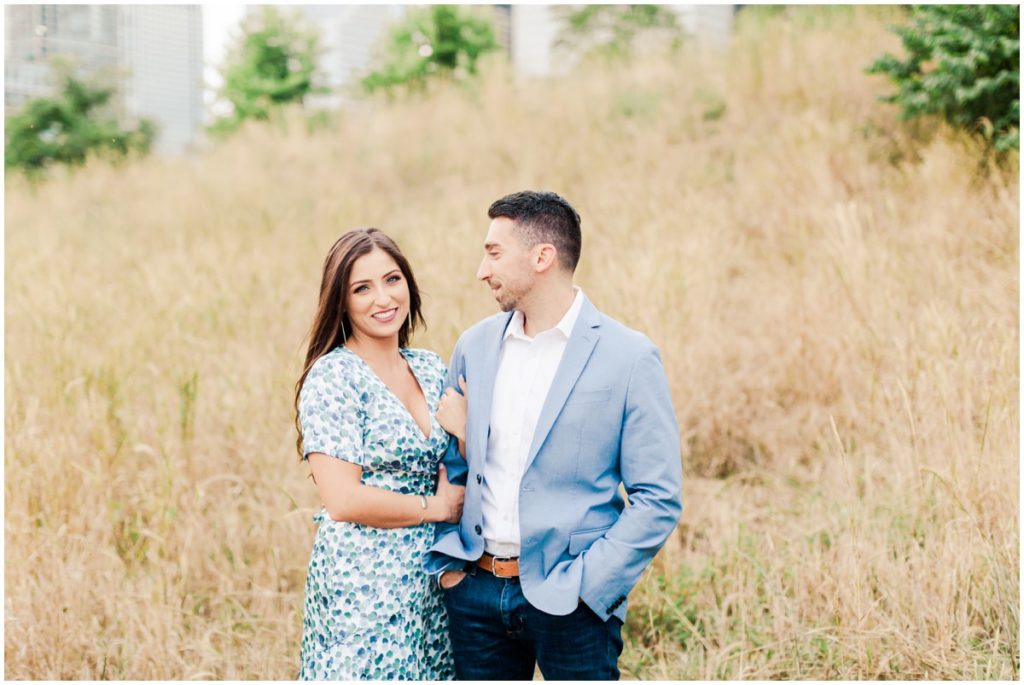 A couple posing for their Chicago engagement session