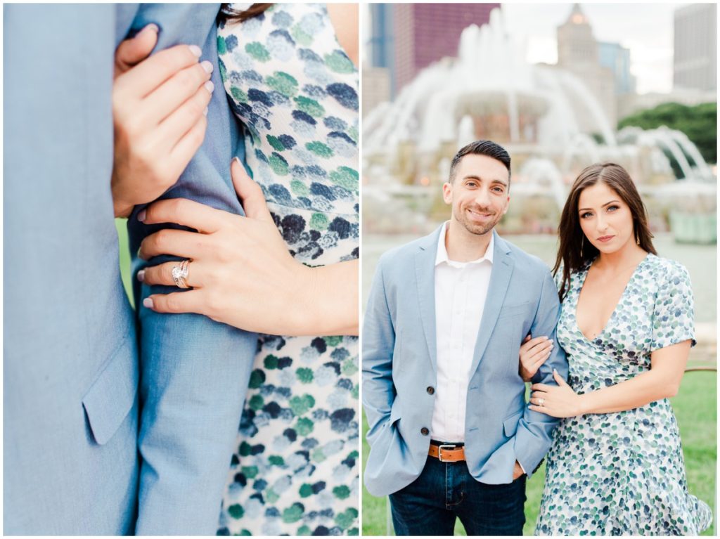 Couple posing in front of grant park fountain for their Chicago engagement session