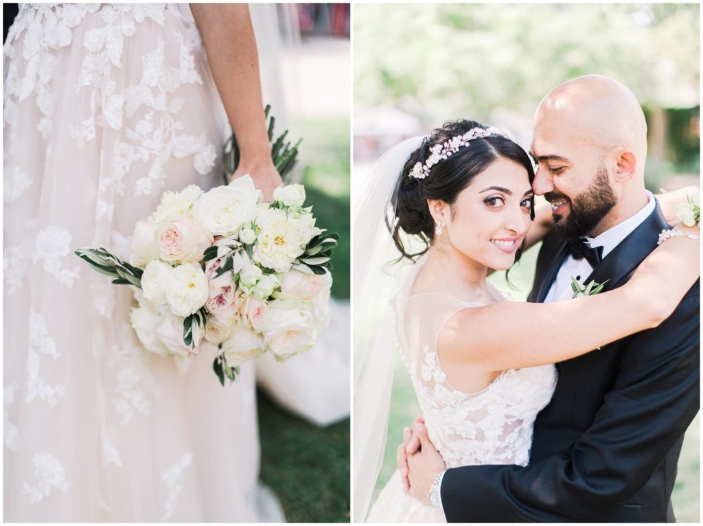 A detailed image of a bride's wedding bouquet and an image of a bride and groom on their wedding day at the Club at Hillbrook