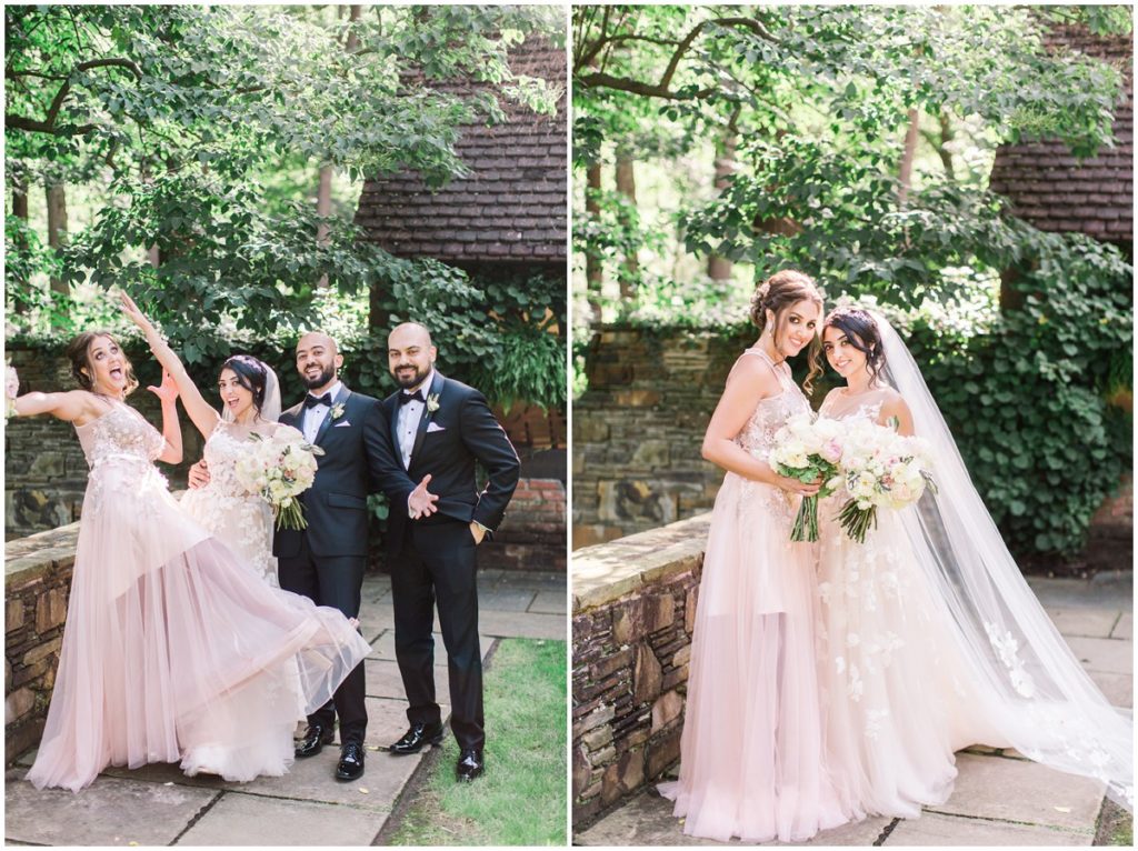 A wedding party posing and laughing for their portraits at the Club at Hillbrook