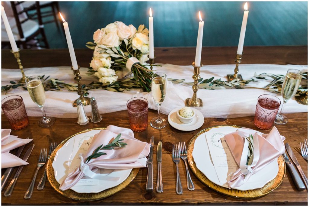 Detailed photos of a head table placement setting for a wedding at the Club of Hillbrook