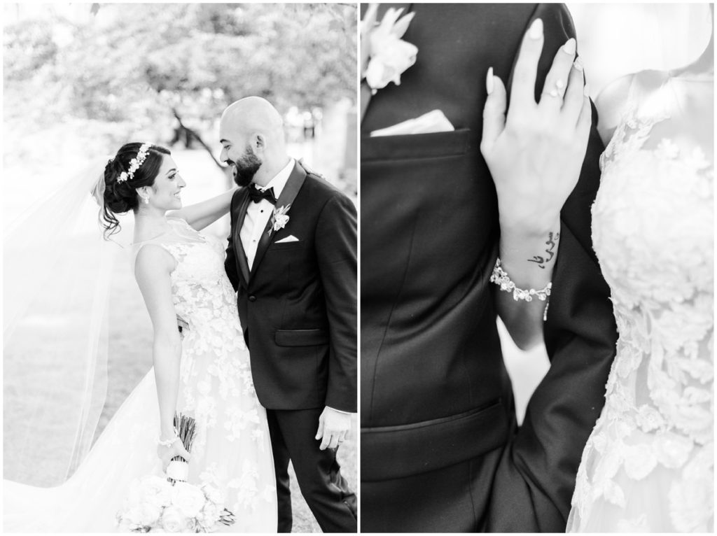 Black and white portraits of a bride and groom on their wedding day at the Club at Hillbrook