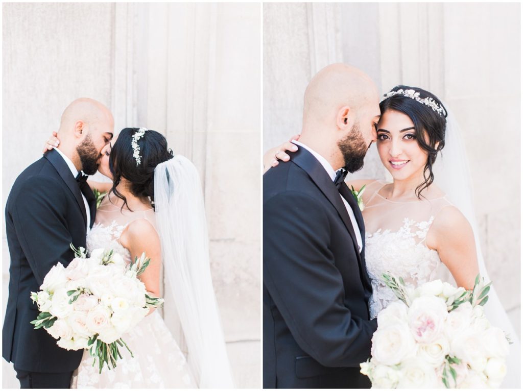 A bride and groom embracing each other for their wedding portraits at the Club at Hillbrook