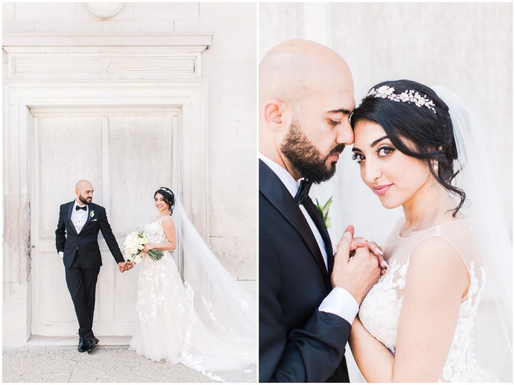 A bride and groom embracing each other for their wedding portraits at the Club at Hillbrook