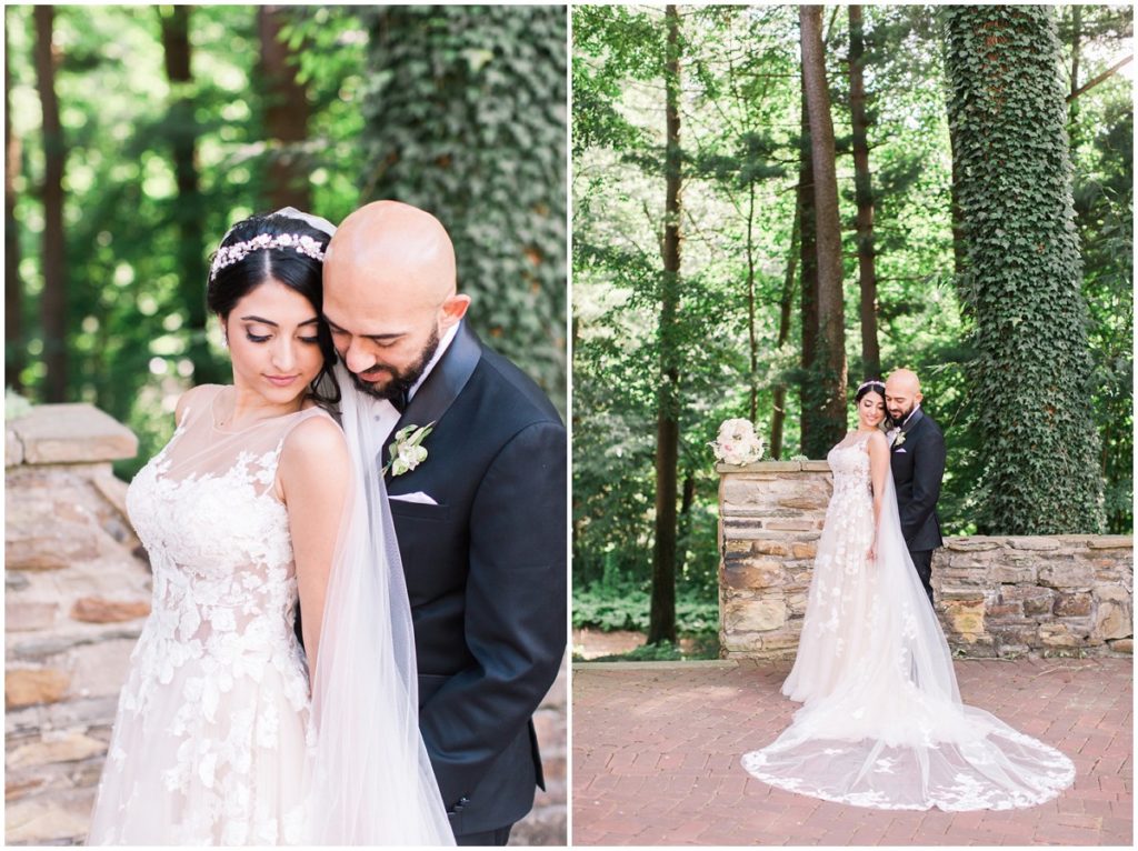 A bride and groom embracing each other for their wedding portraits at the Club at Hillbrook