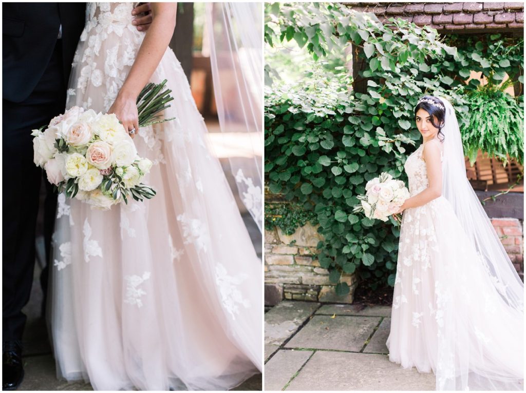 Portraits of a bride and detail image of her florals at the Club at Hillbrook on their wedding day. 