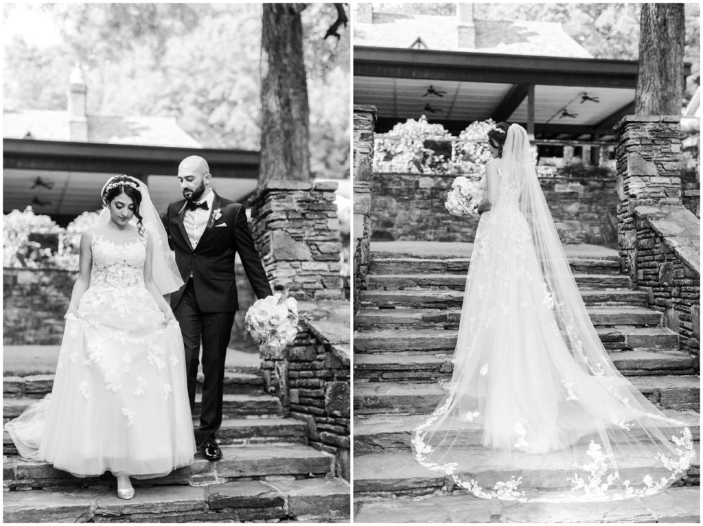 Black and white portraits of a bride and groom on their wedding day at the Club and Hillbrook