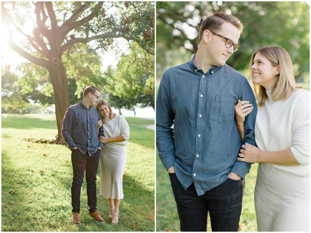 Couple posing and smiling at each other in Lakewood Park 