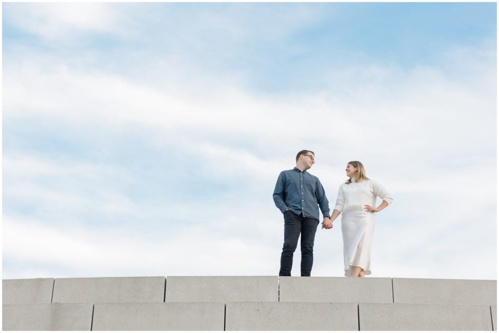 Couple posing in Lakewood Park for their Cleveland Engagement Session