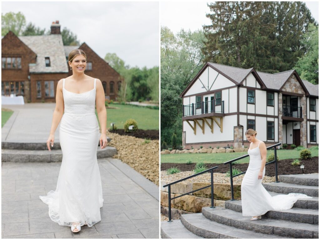 a bride walking down the steps at the Tudor house at mason's cove wedding venue