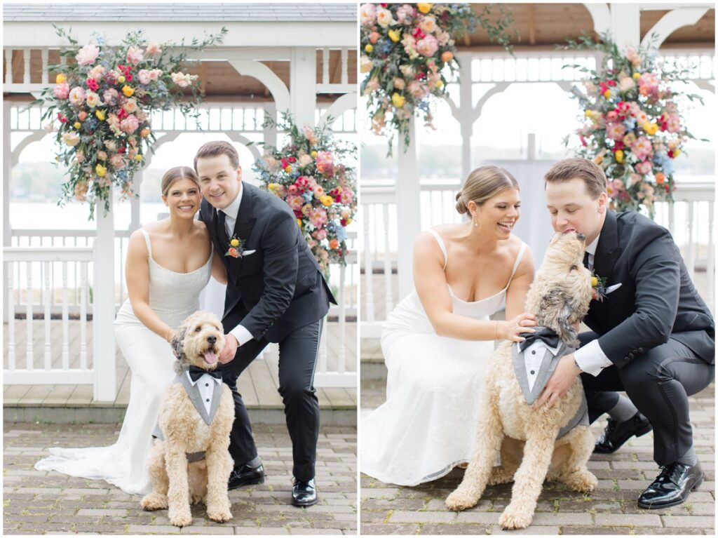 a bride and groom posing with their dog on their wedding day at the Tudor house on portage lakes