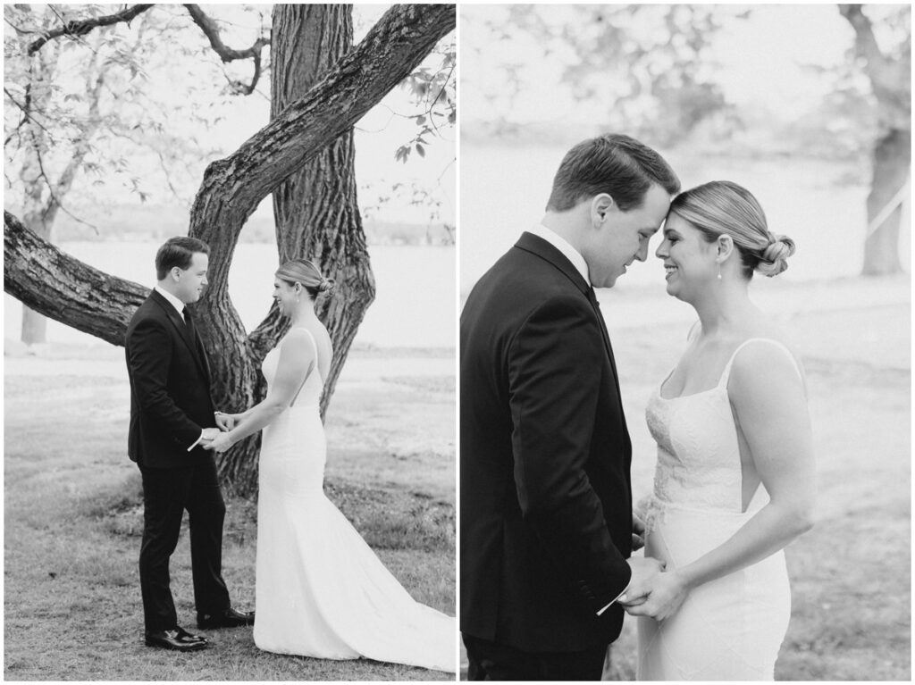 a bride and groom sharing a first look on their wedding day at the Tudor house at mason's cove