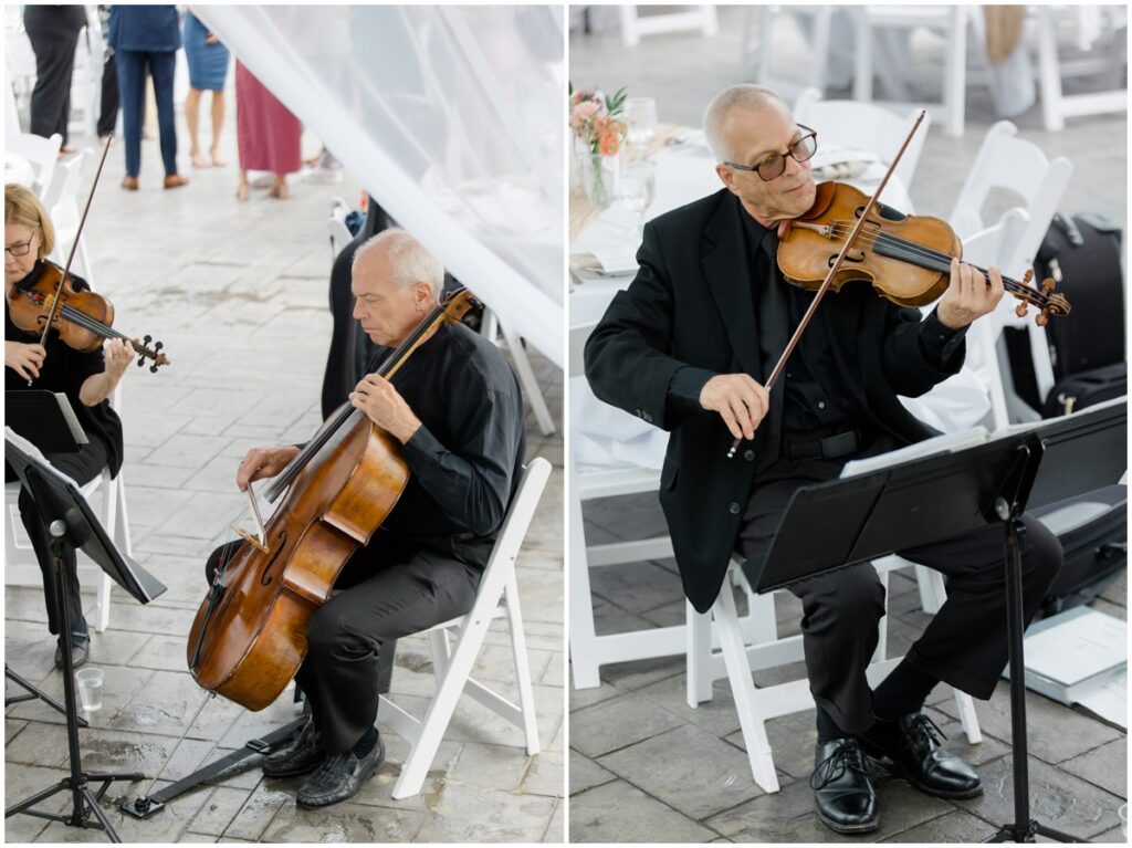 a band playing their instruments for a wedding ceremony at the Tudor house at mason's cove