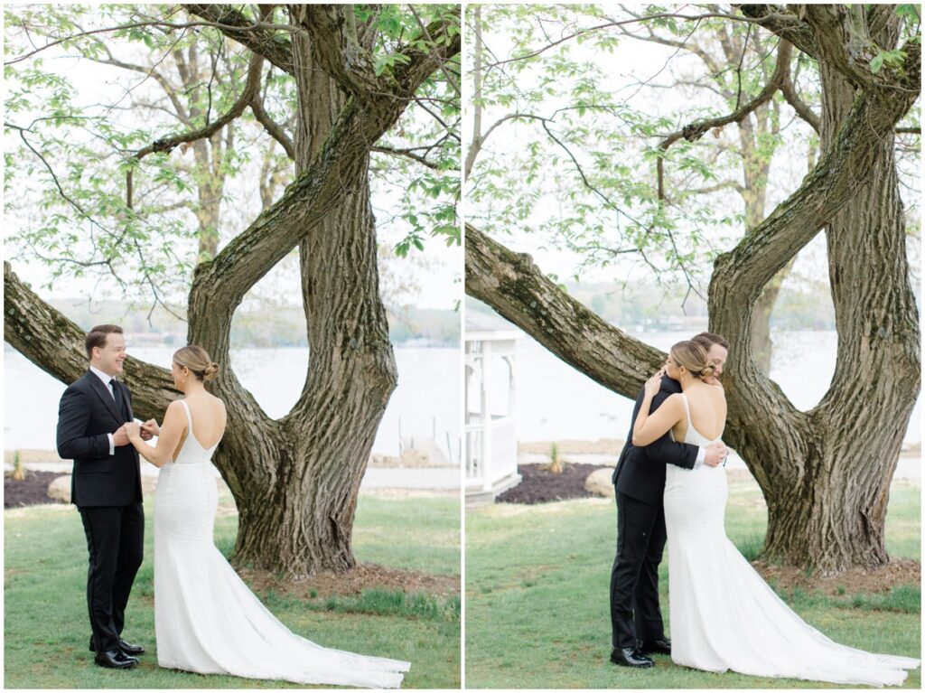 a bride and groom sharing a first look on their wedding day at the Tudor house at mason's cove