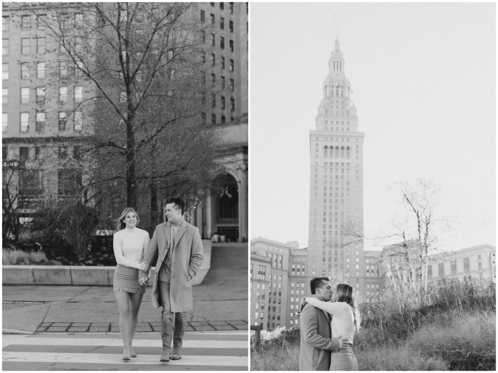 An engaged couple posing outside Terminal Tower in Cleveland Ohio for their engagement session