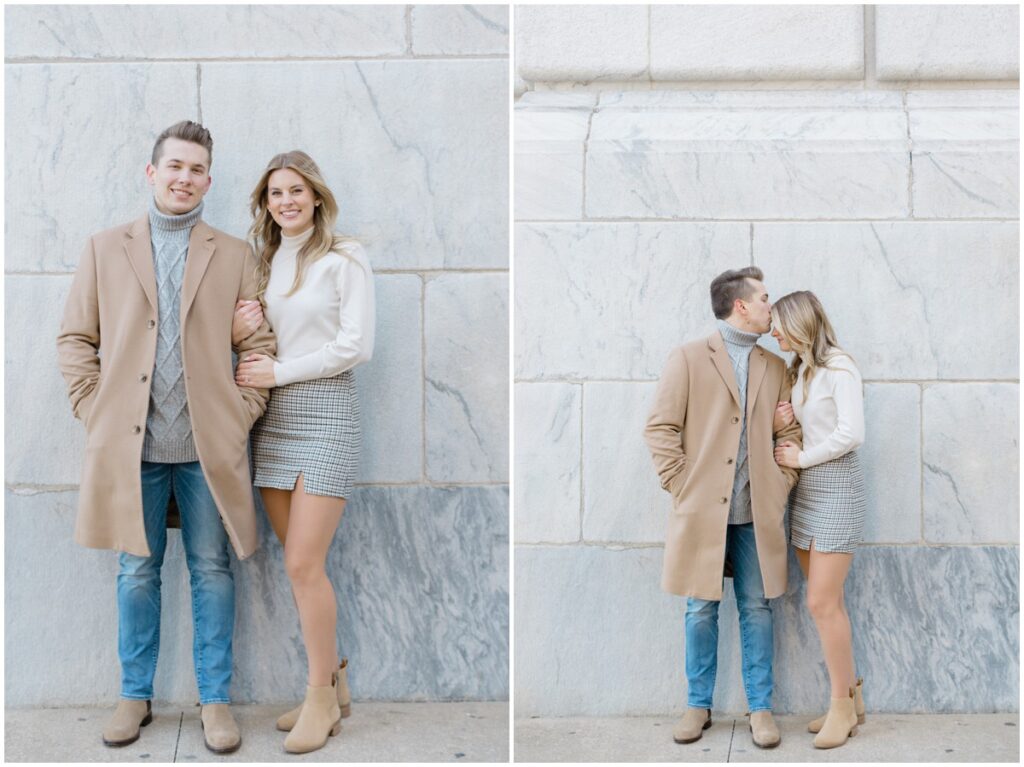 An engaged couple posing in from the the Cleveland public library