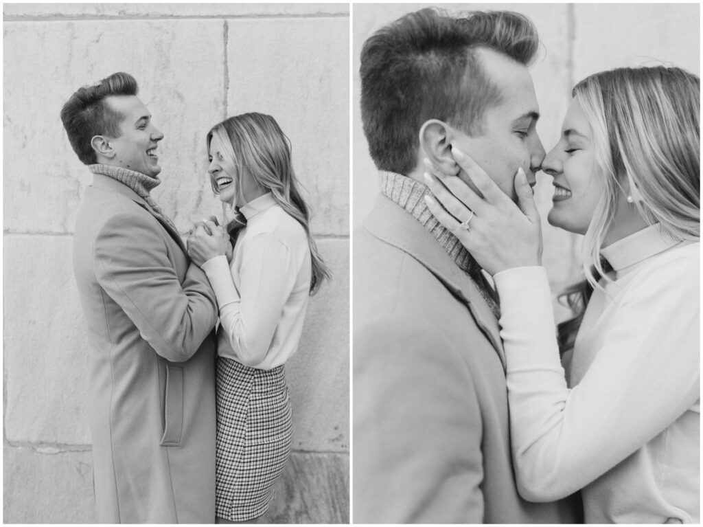 An engaged couple posing in from the the Cleveland public library