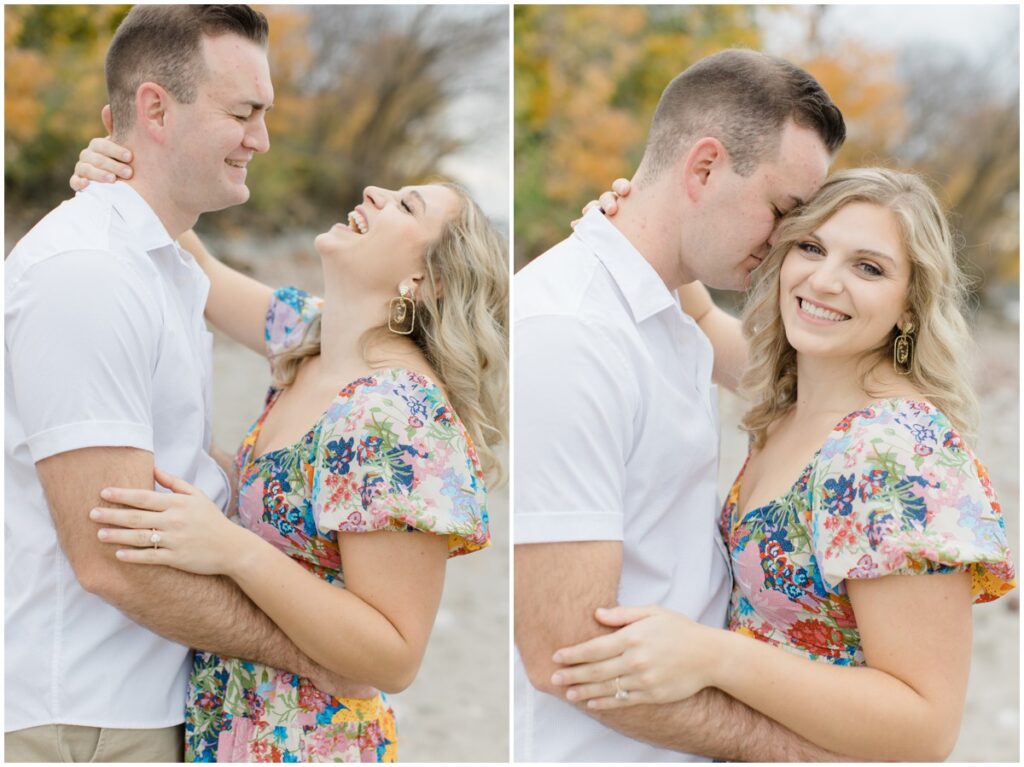 An engaged couple posing at Edgewater park for their engagement session