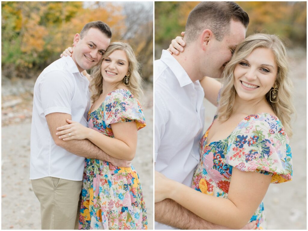 An engaged couple posing at Edgewater park for their engagement session