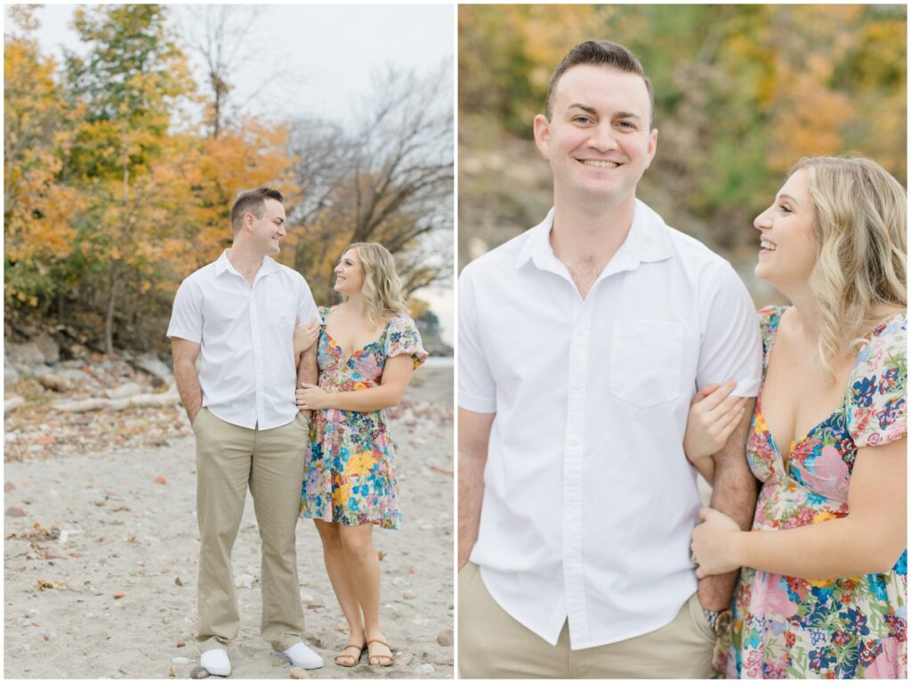 An engaged couple posing at Edgewater park for their engagement session