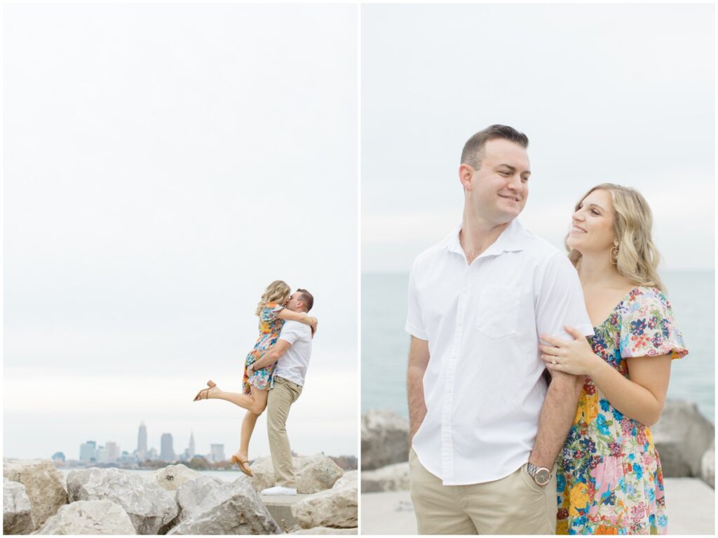 An engaged couple posing at Edgewater park for their engagement session