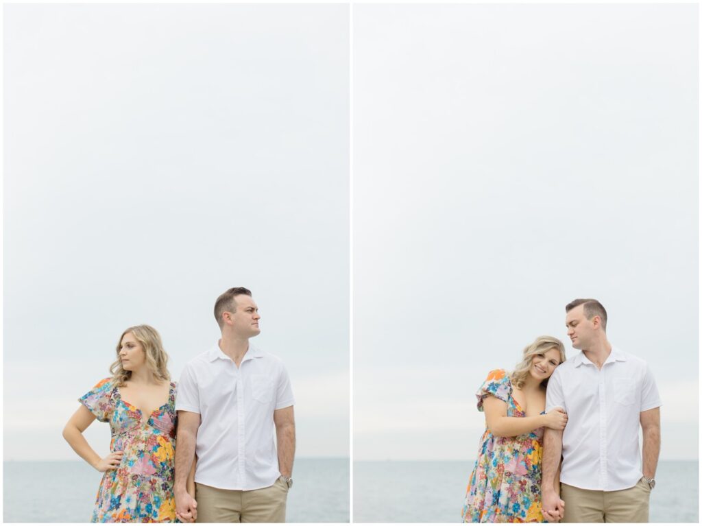 An engaged couple posing at Edgewater park for their engagement session