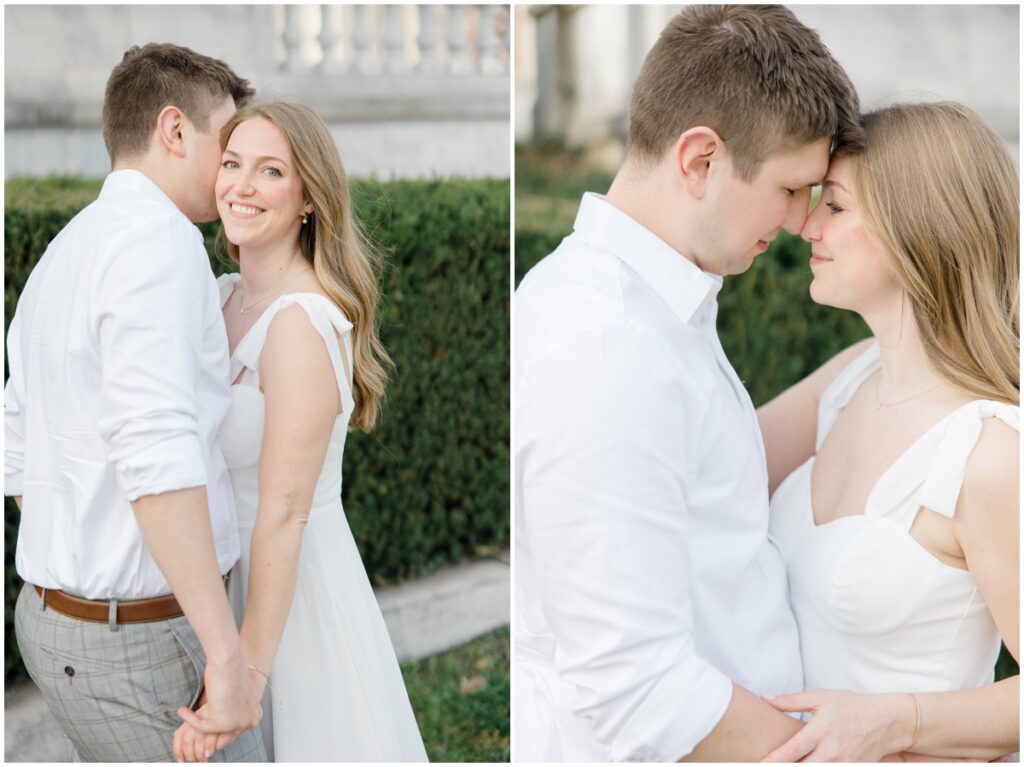 A couple embracing each other during the cleveland museum of art engagement session