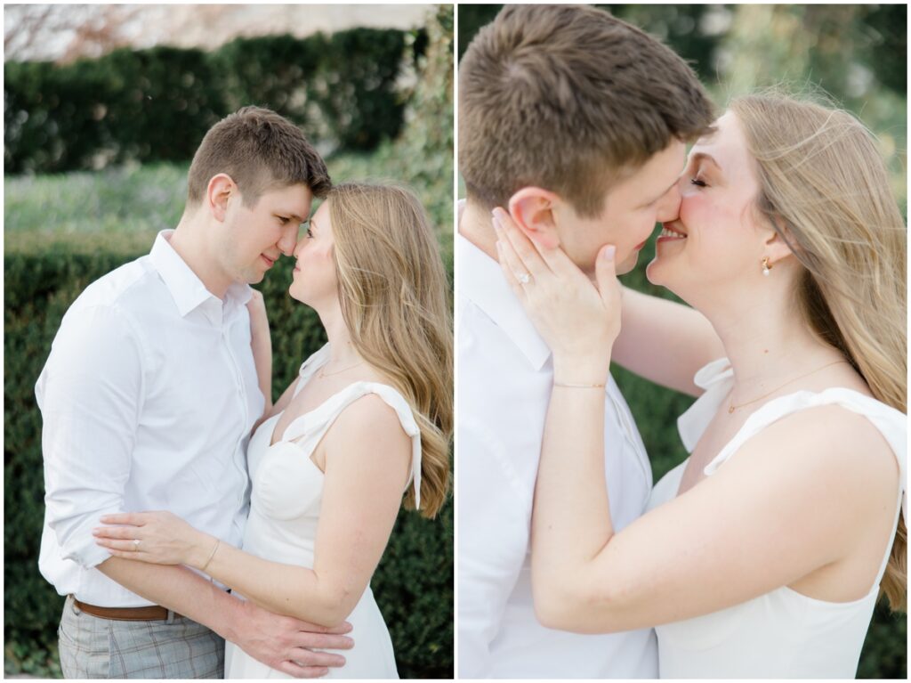 A couple kissing and embracing each other for their engagement session at the Cleveland museum of art in cleveland ohio.