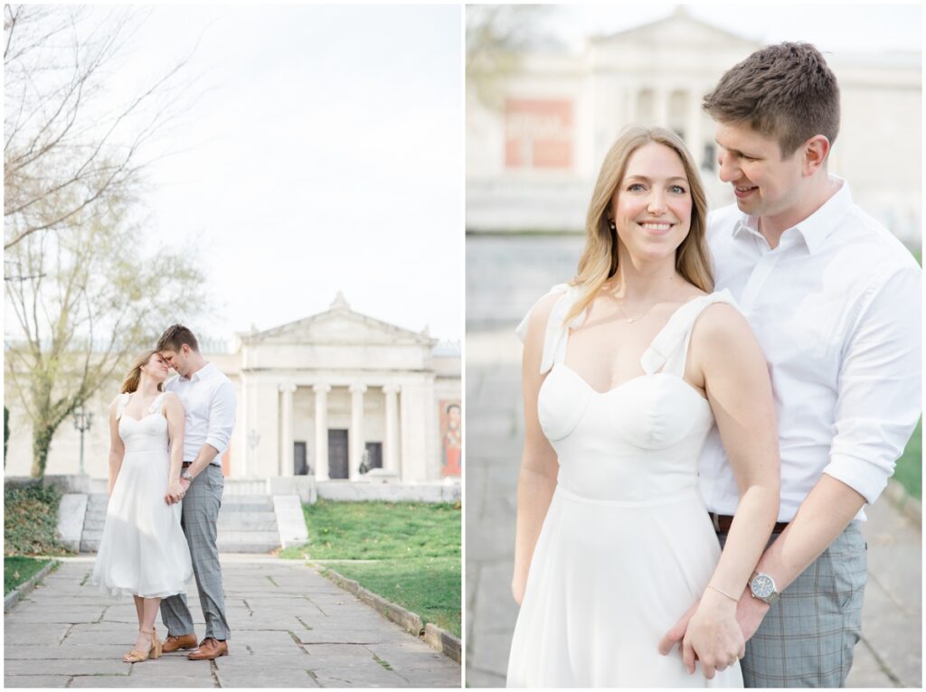 A couple embracing each other in front of the Cleveland Museum of Art for their engagement session