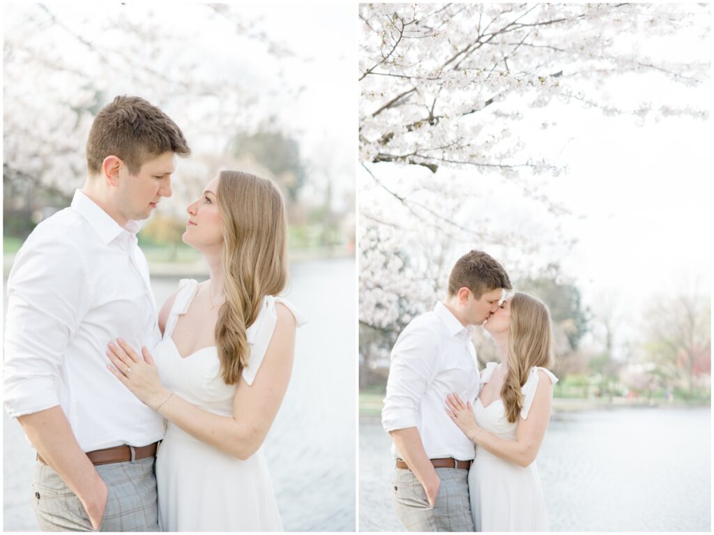 A couple looking at each other under cherry blossom trees during a spring time engagement session at the cleveland museum of art