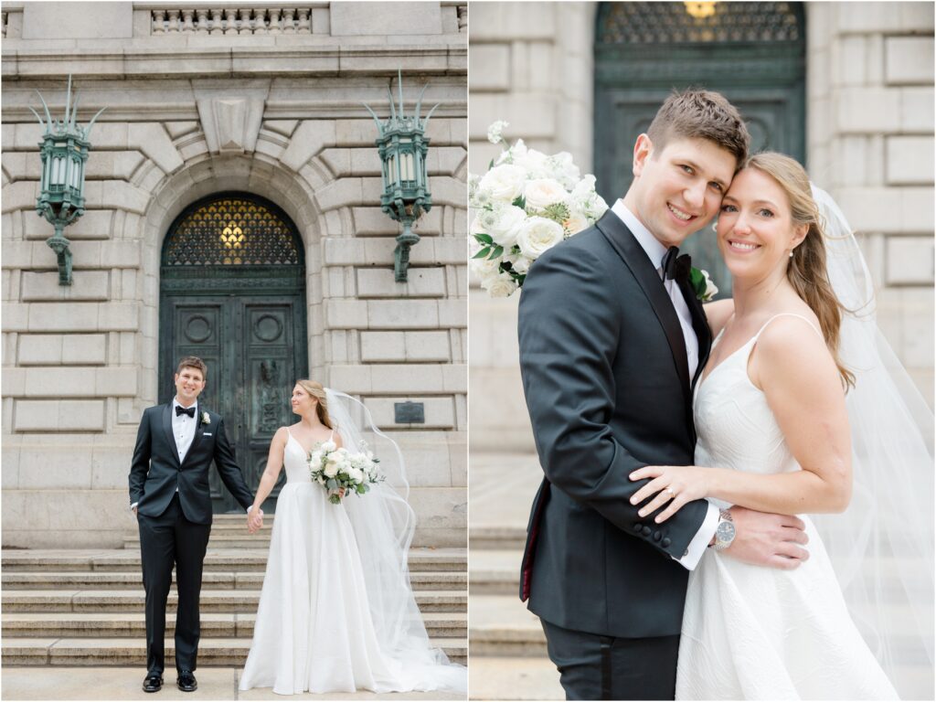 A couple posing for their wedding photos in front of the Old Courthouse in Cleveland, Ohio.