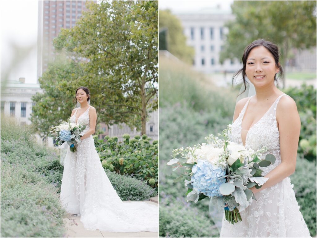 Wedding photos of a bride taken at the mall in Cleveland Ohio.