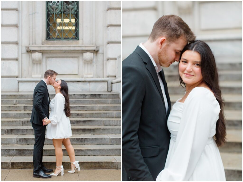 A couple embracing each other on the steps of the Cleveland Public Library during their engagement session in Cleveland, Ohio.