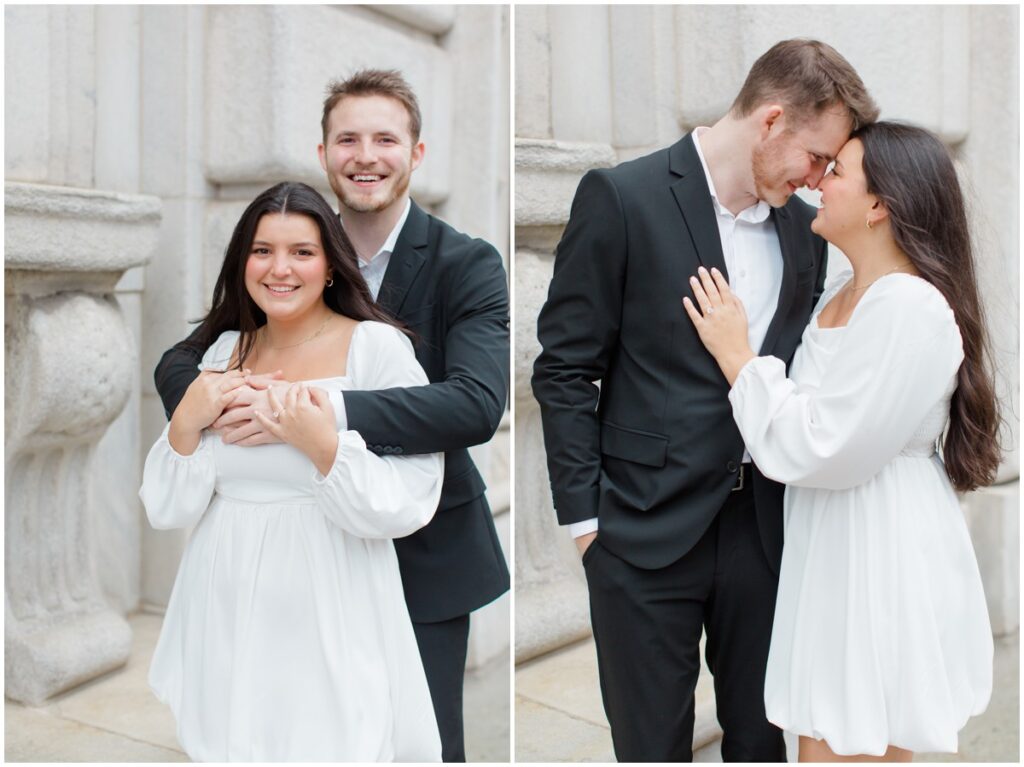 A couple embracing each other for their engagement session in downtown cleveland