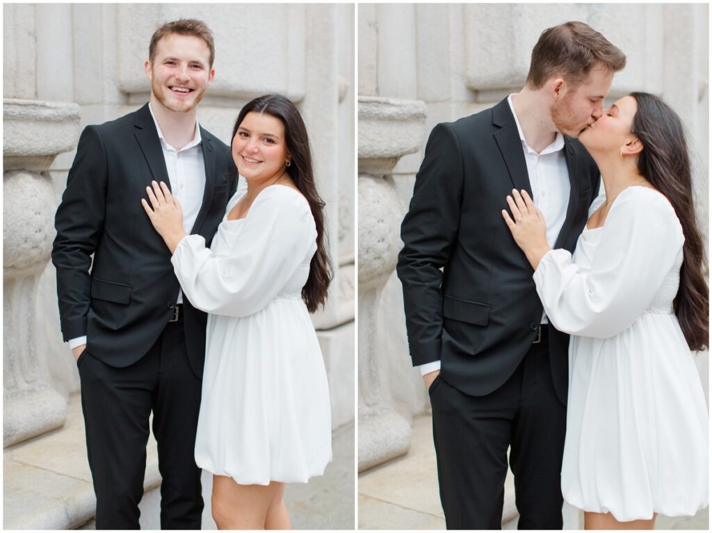 A couple embracing each other for their engagement session in downtown cleveland