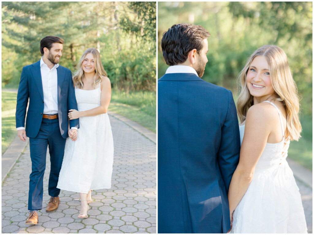 A couple posing for their engagement session in at Seiberling Nature Realm in Akron, Ohio.
