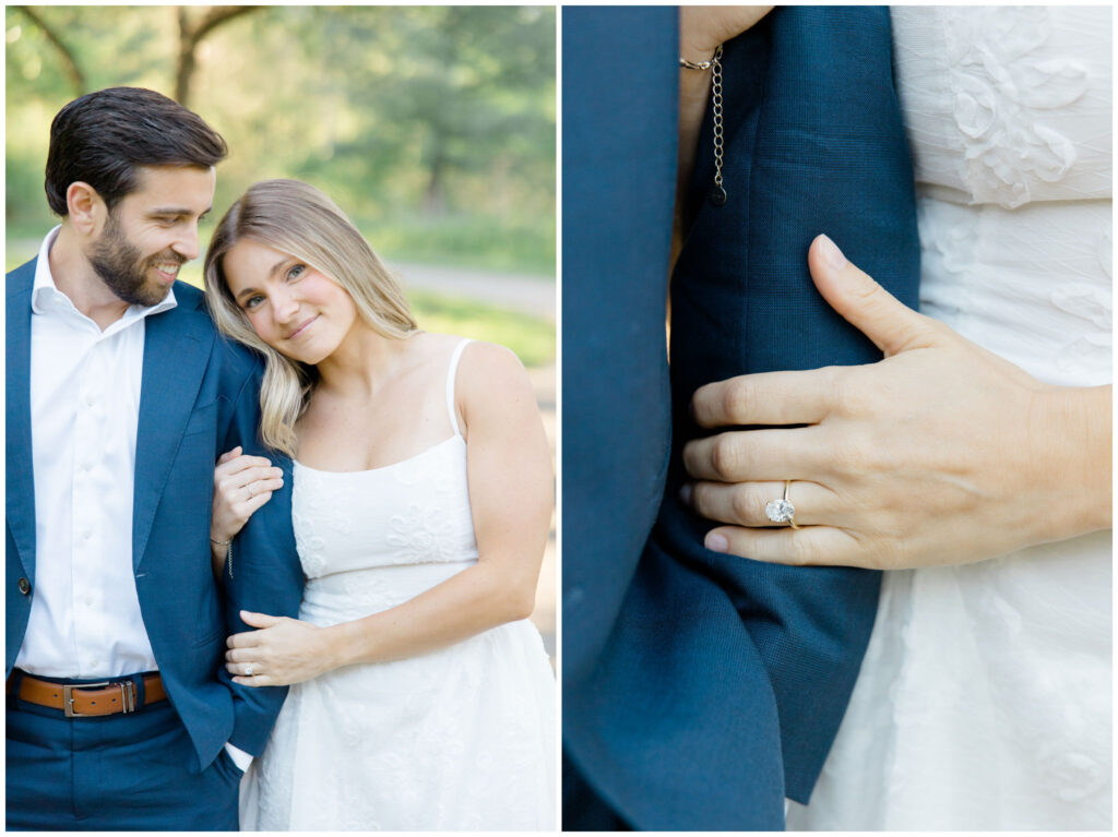 A girl embracing her fiancé as they pose for their engagement session photos at Seiberling nature realm in Akron Ohio