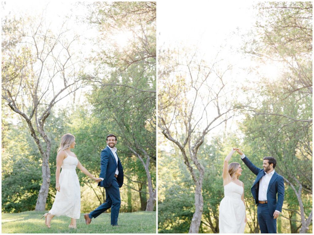A couple walking on top of a hill for their engagement session photos in Akron Ohio