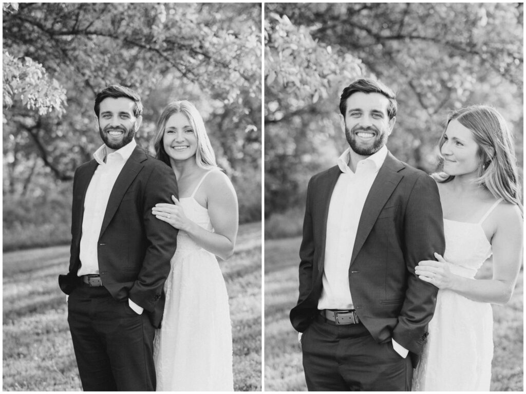 A couple posing for their engagement session at Seiberling Nature Realm in Akron Ohio.