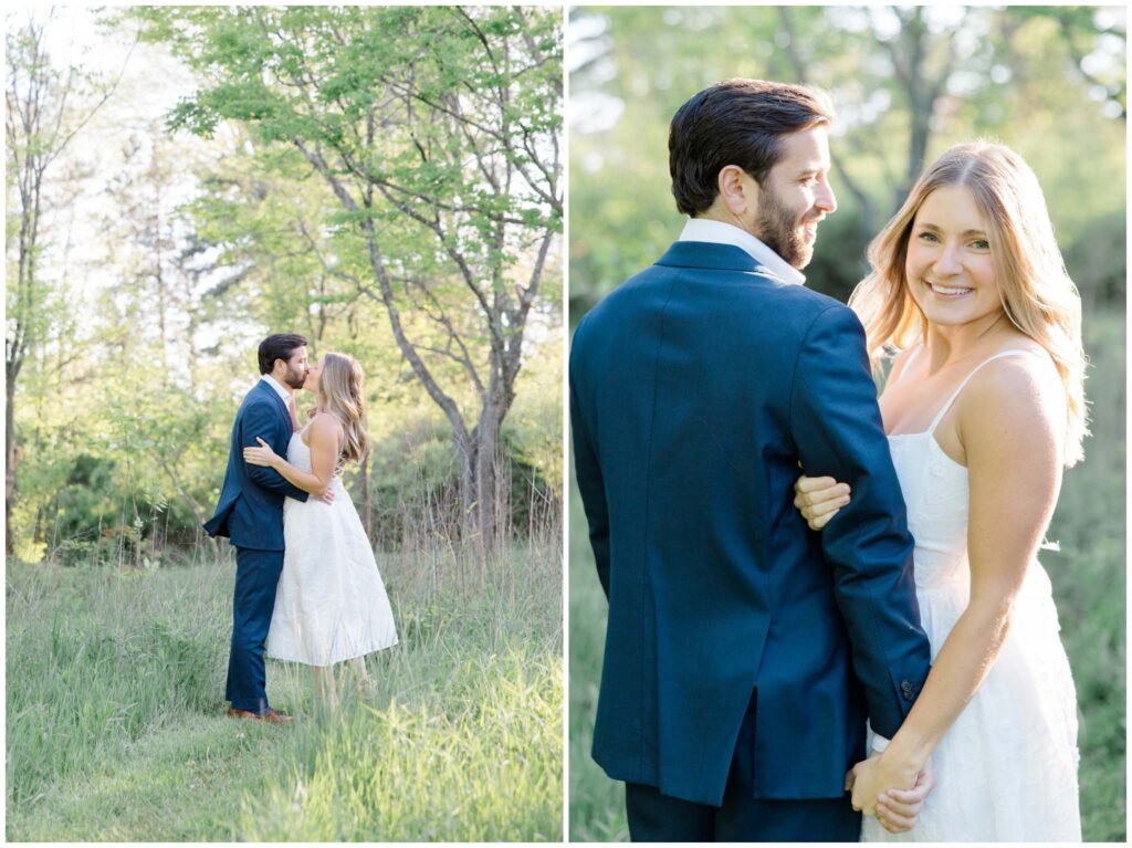 A couple posing for their engagement session at Seiberling Nature Realm in Akron Ohio.
