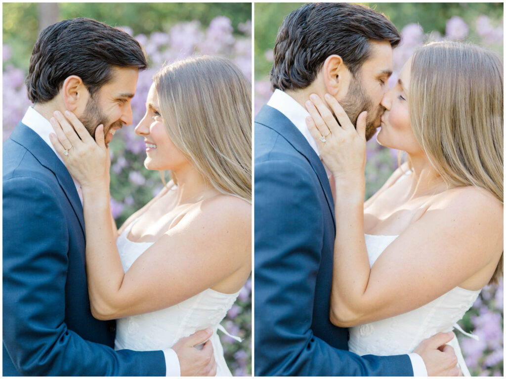 A couple kissing and embracing each other as they pose for their engagement session photos in Akron Ohio.