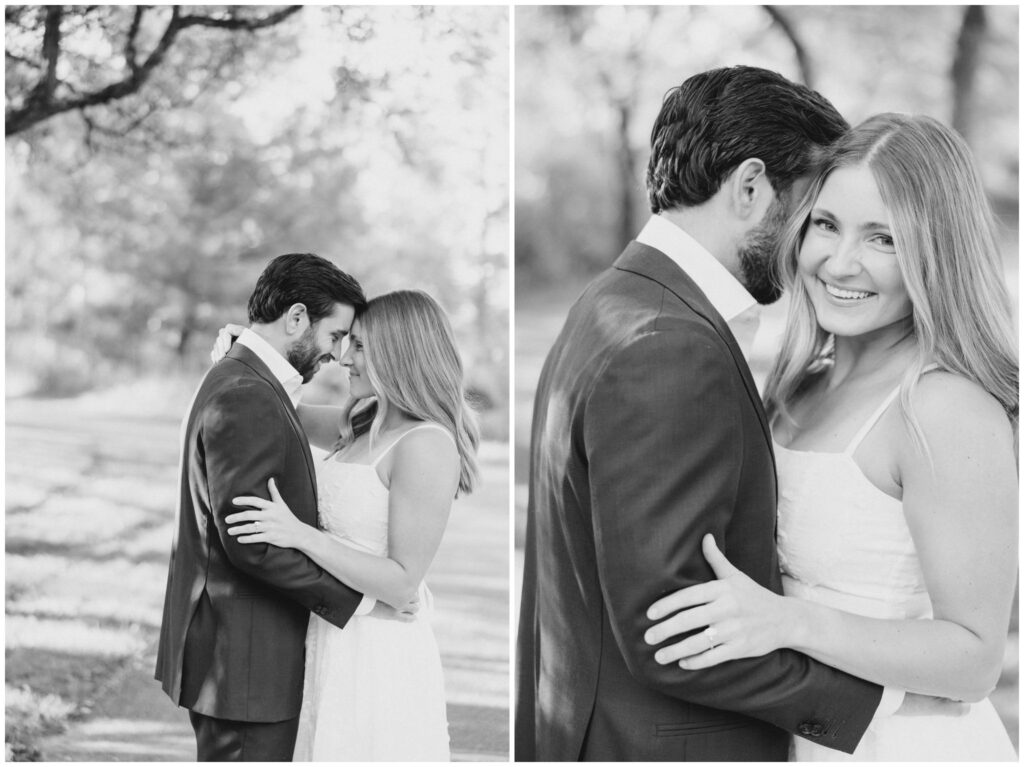 A couple posing for their engagement session in at Seiberling Nature Realm in Akron, Ohio.