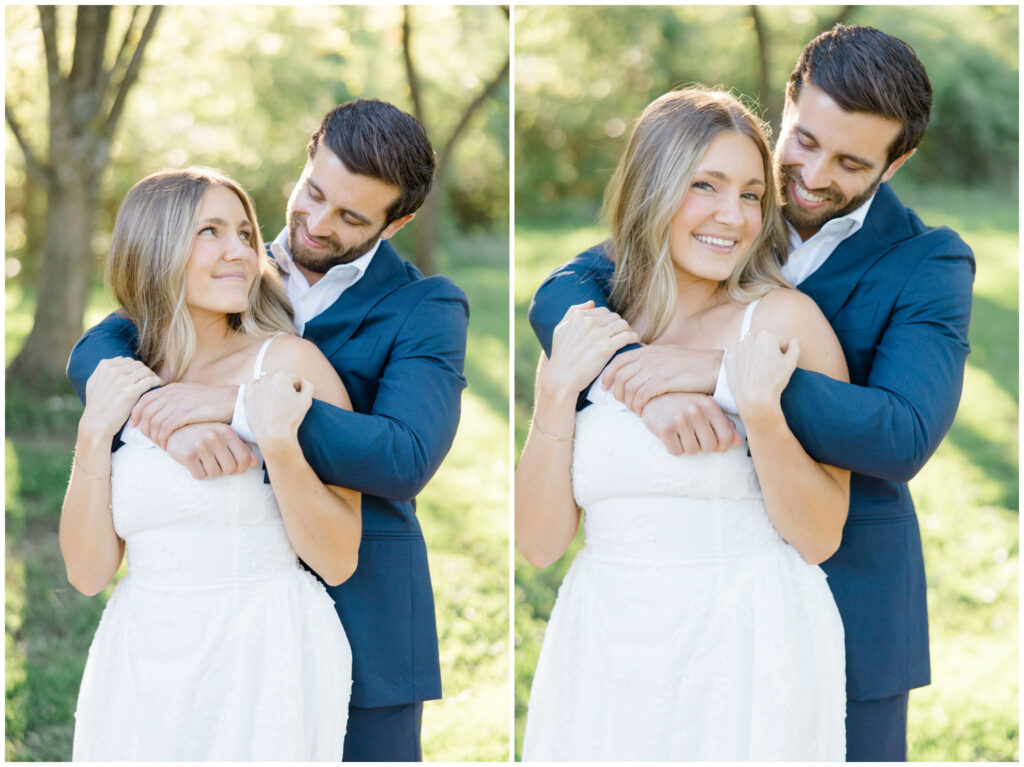 A couple posing for their engagement session in at Seiberling Nature Realm in Akron, Ohio.