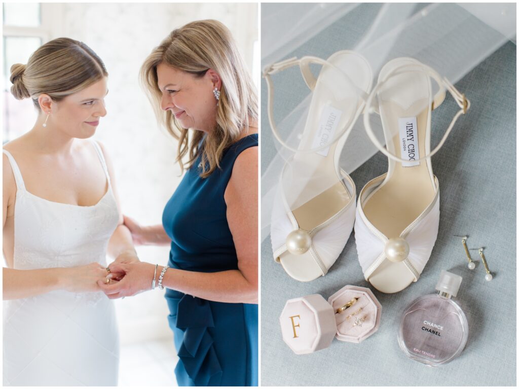 A mom and daughter holding hands and smiling at each other on the morning of her wedding.