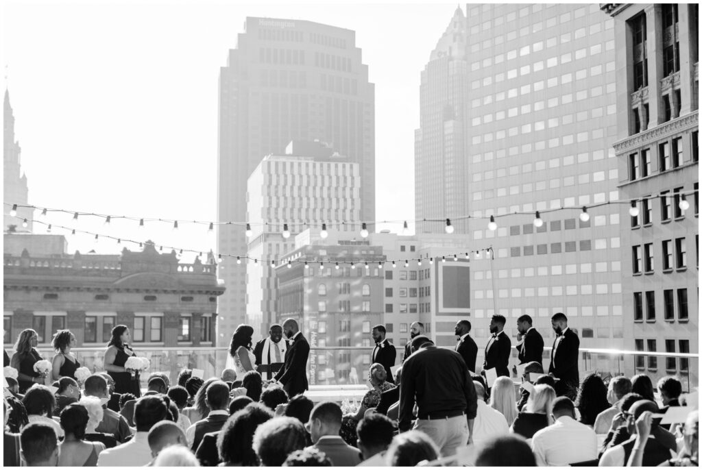 A photo of a rooftop wedding ceremony in Downtown Cleveland Ohio.