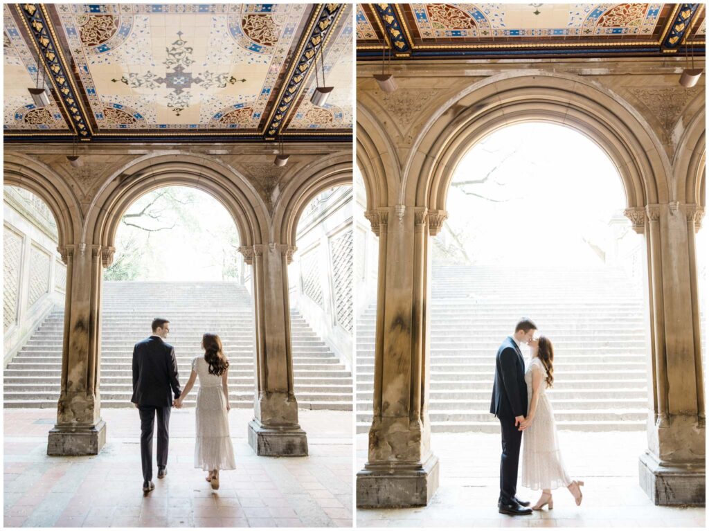 A couple posing in the iconic Bethesda Terrace in Central Park for their New York City engagement session