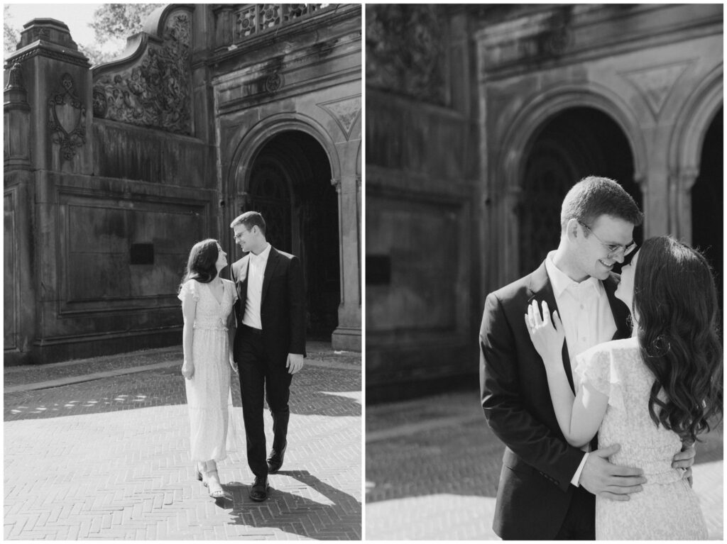 A couple posing for their engagement photos in Central Park in New York City.