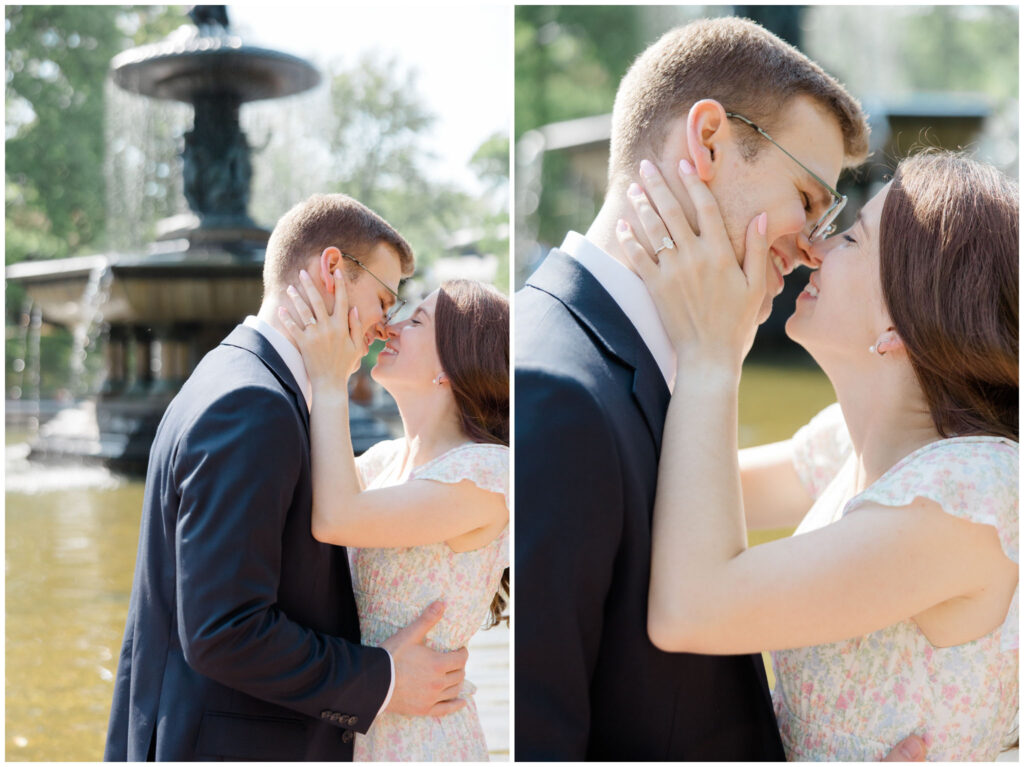 A couple posing for their engagement photos in Central Park in New York City.