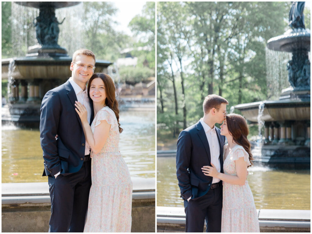 A couple posing for their engagement photos in Central Park in New York City.